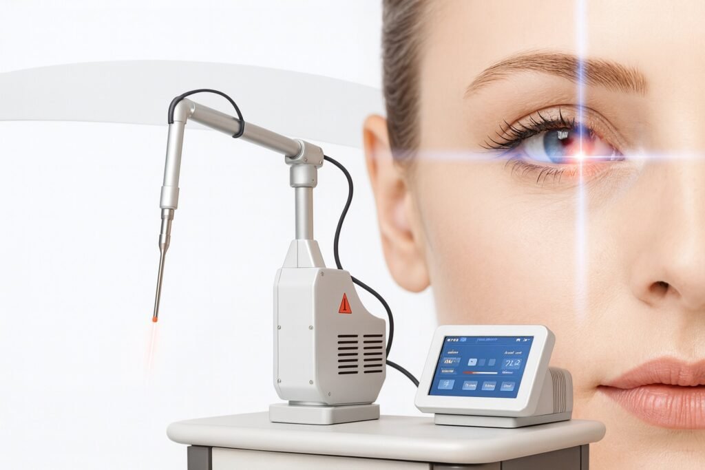 Dispositivo láser estético utilizado en tratamientos faciales, con pantalla digital y aplicador enfocado en la piel cerca de un ojo.