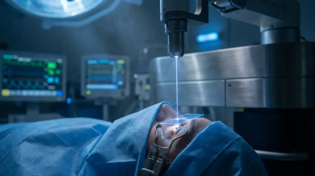 Cirugía Refractiva en Marbella: la Nueva Generación que está cambiando los resultados visuales 1 Procedimiento de cirugía ocular con láser, mostrando un paciente bajo anestesia y un equipo médico avanzado en un entorno quirúrgico.